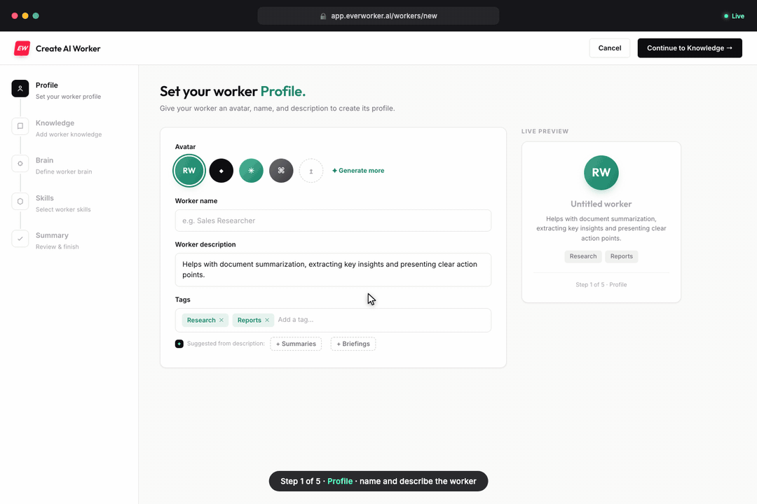 Creating an AI worker in five steps in the live product, then the worker running in chat and analytics