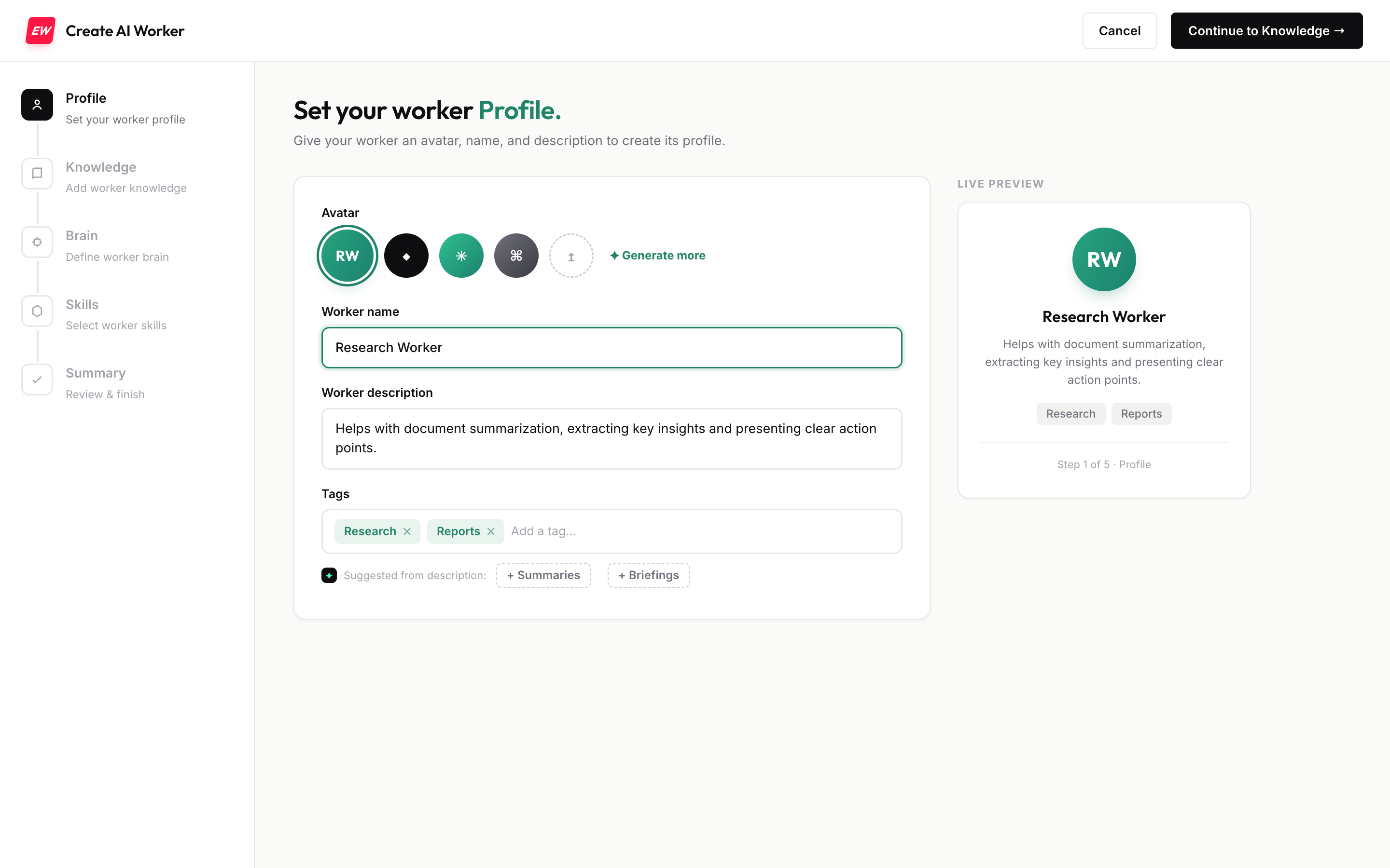 The shipped Profile step with live worker preview
